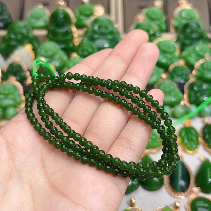 和田玉（碧玉）颈饰未镶嵌4m菠菜绿多圈