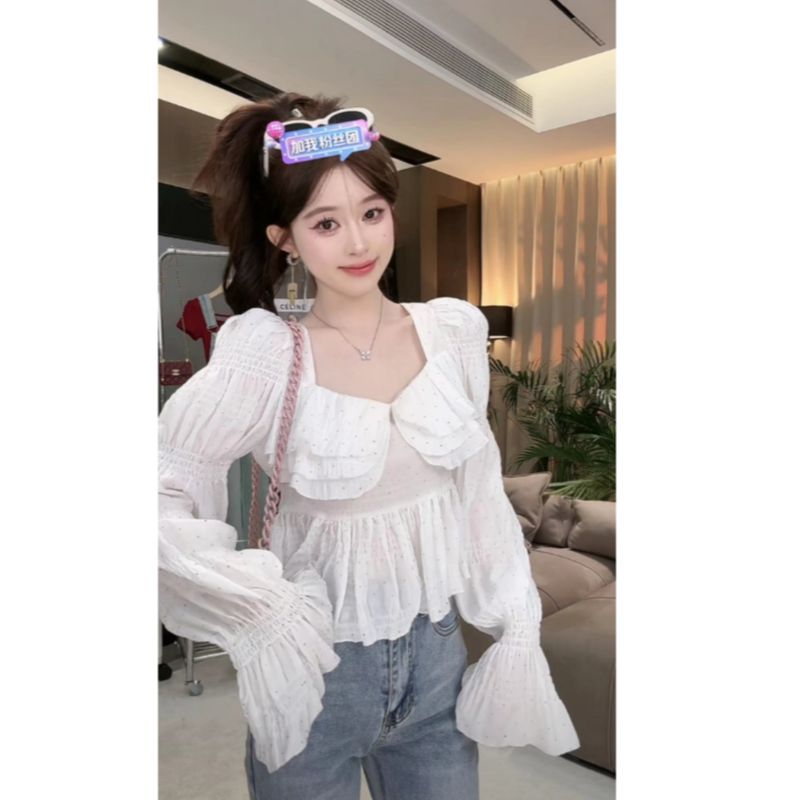 欣儿优选●C4SY1322A荷叶边设计感百搭长袖短款上衣莫奈花园风