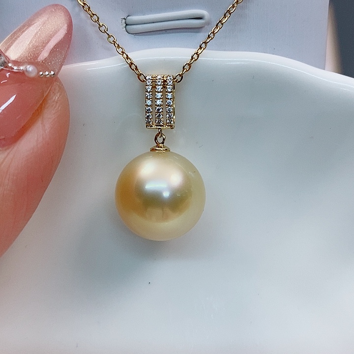 海水珍珠吊坠(不含链)18K金镶嵌南洋金珠13-14mm