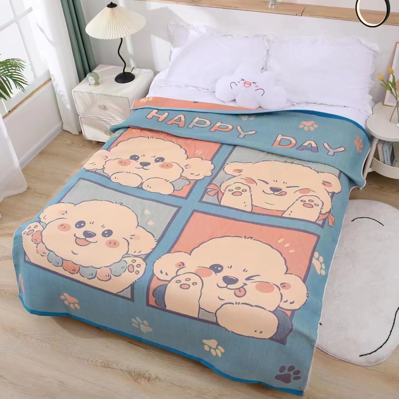 （可爱泰迪）150*200卡通风柔软透气纯棉纱布四季床盖