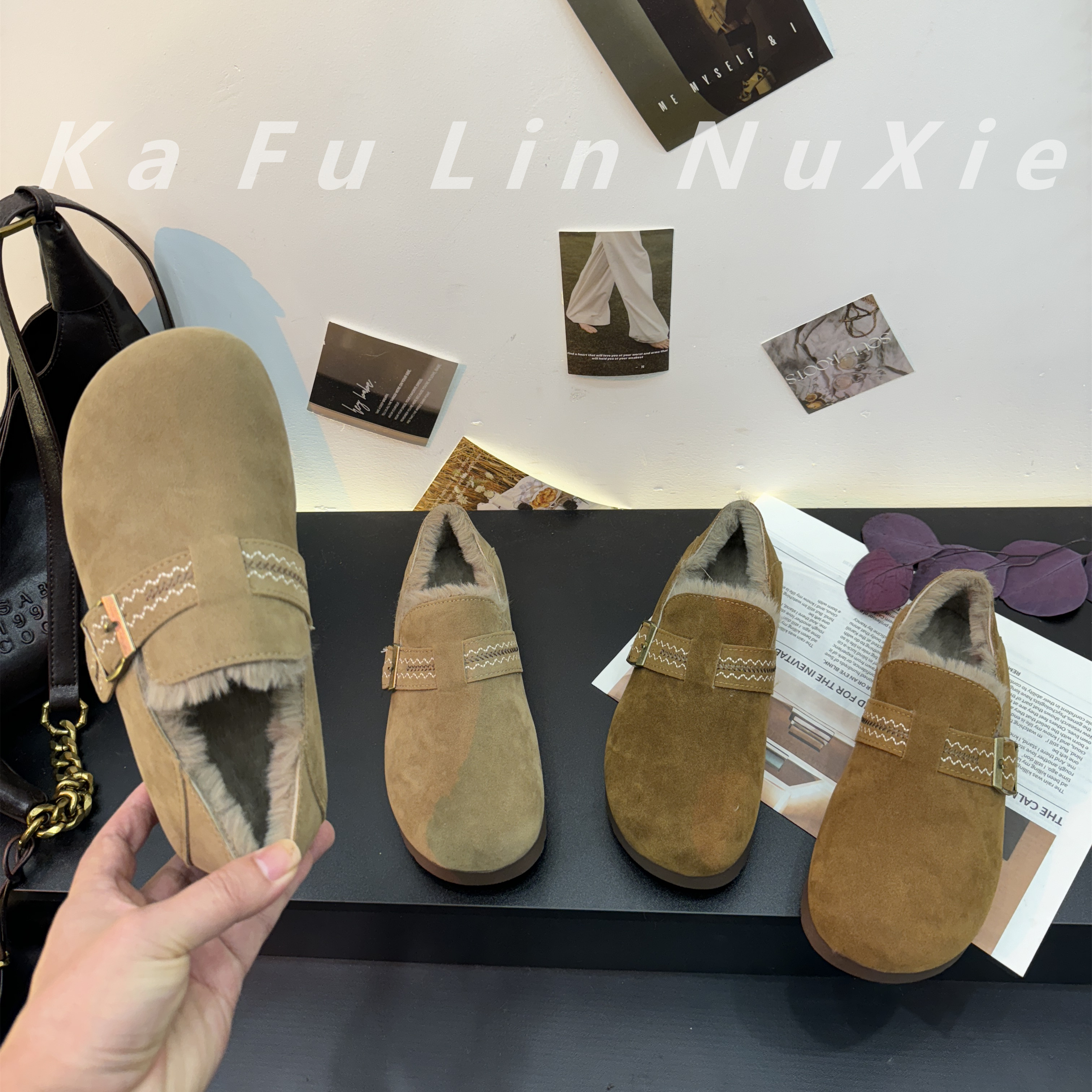 【卡芙琳shoes】2025冬季新款毛毛鞋女加绒勃肯鞋复古博肯棉鞋子女