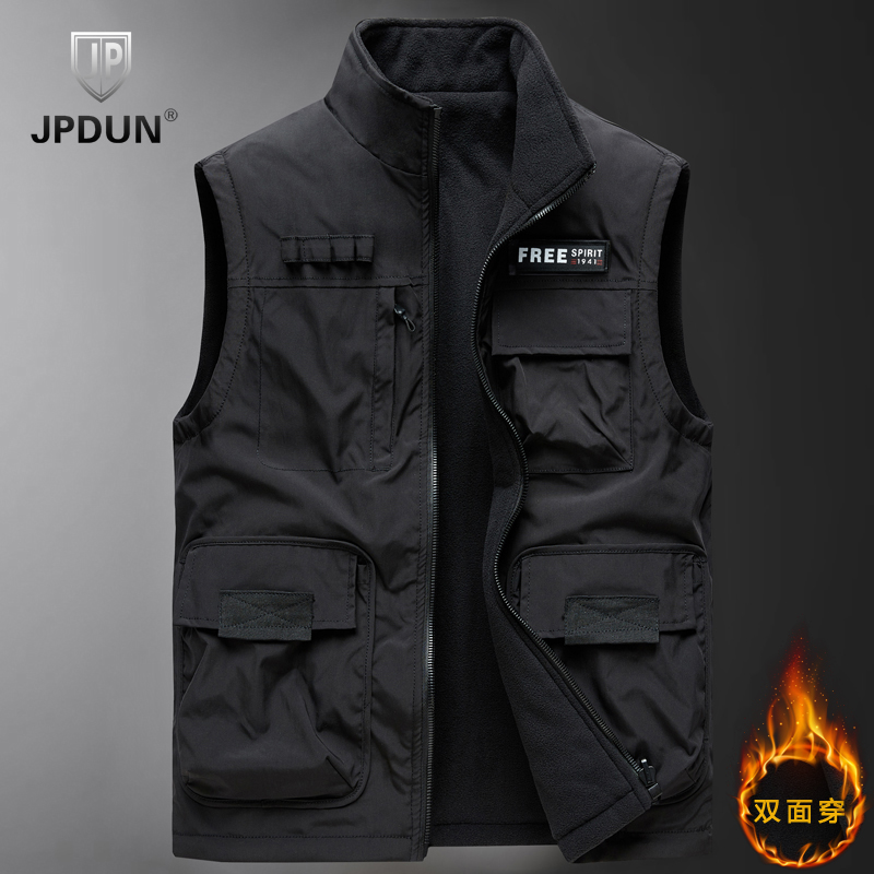 JPDUN秋冬季休闲保暖双面穿马甲男士纯色百搭多口袋加绒立领背心