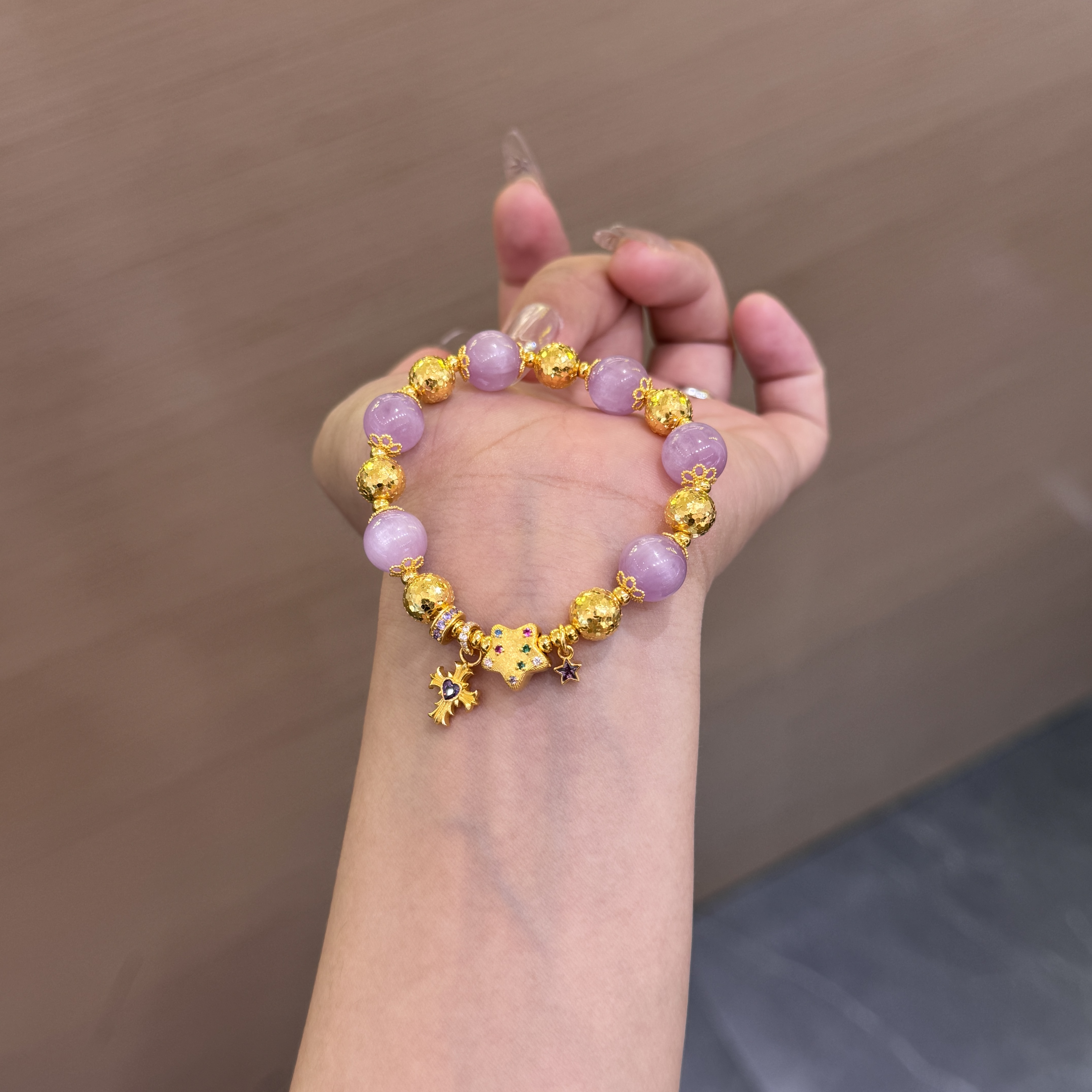 【菠萝珠宝】足金999 五角星搭配十字架 碎冰冰手串 金重：13.37克