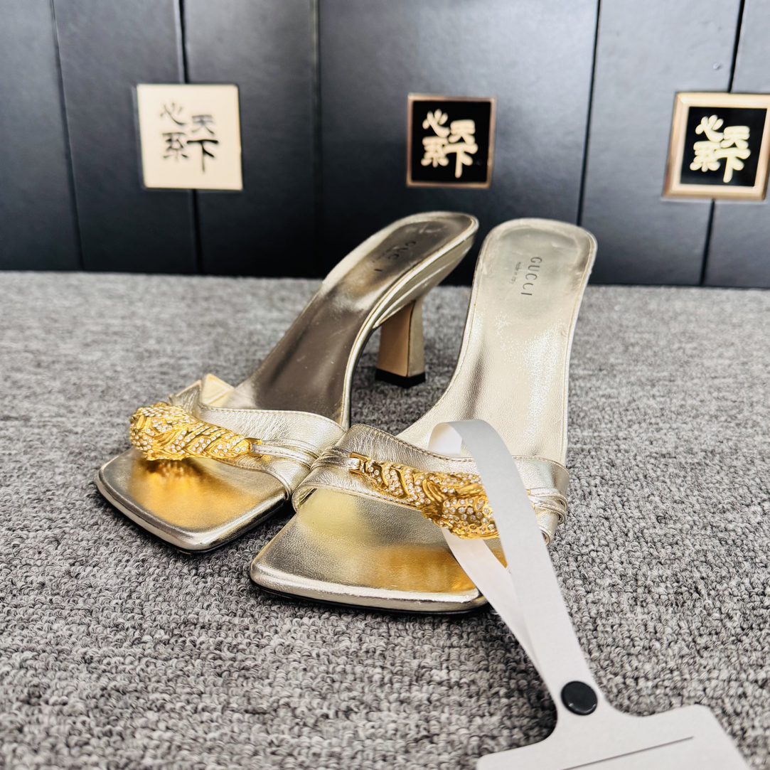 95新 GUCCI/古驰 金色虎头凉拖36.5码ysc3251