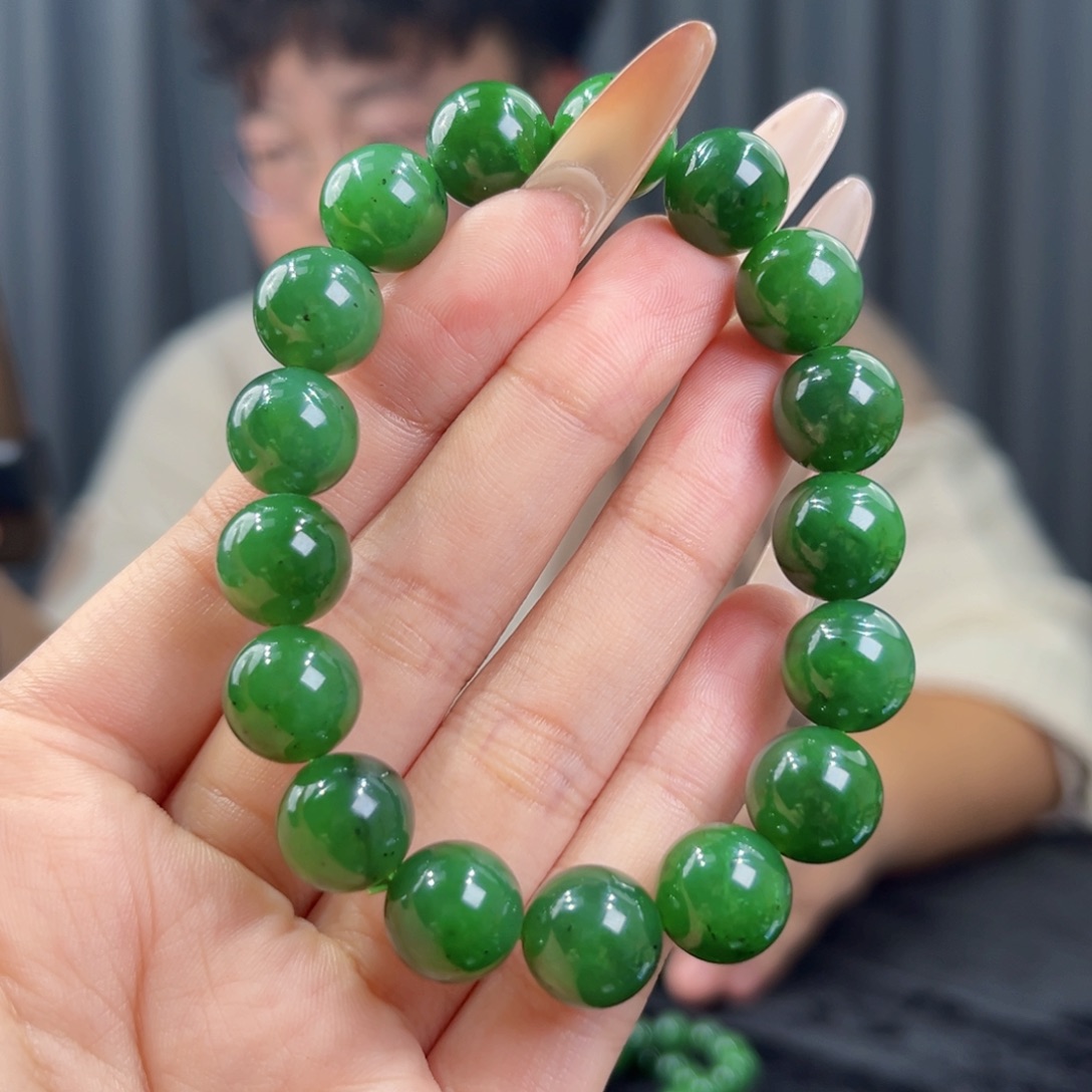 和田玉未镶嵌手串天然和田玉俄碧辣阳绿手串12