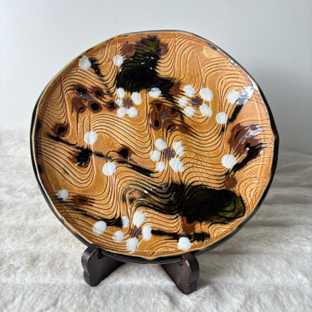 日式17.5cm手作花鸟纹陶瓷盘 装饰摆件复古甜点餐具