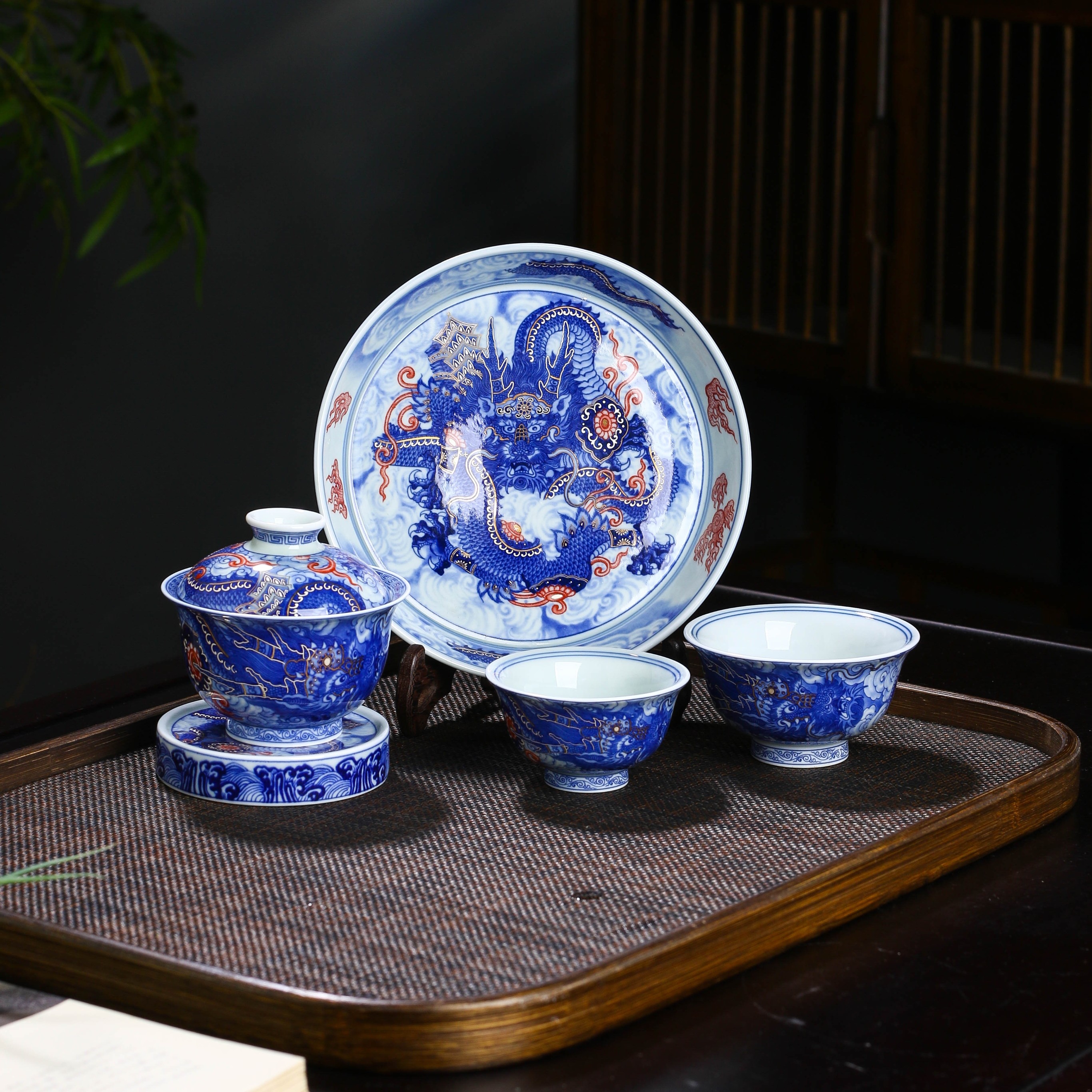 景德镇 青花釉里红描金铠甲龙五件套茶具重工高档送礼茶具带礼盒