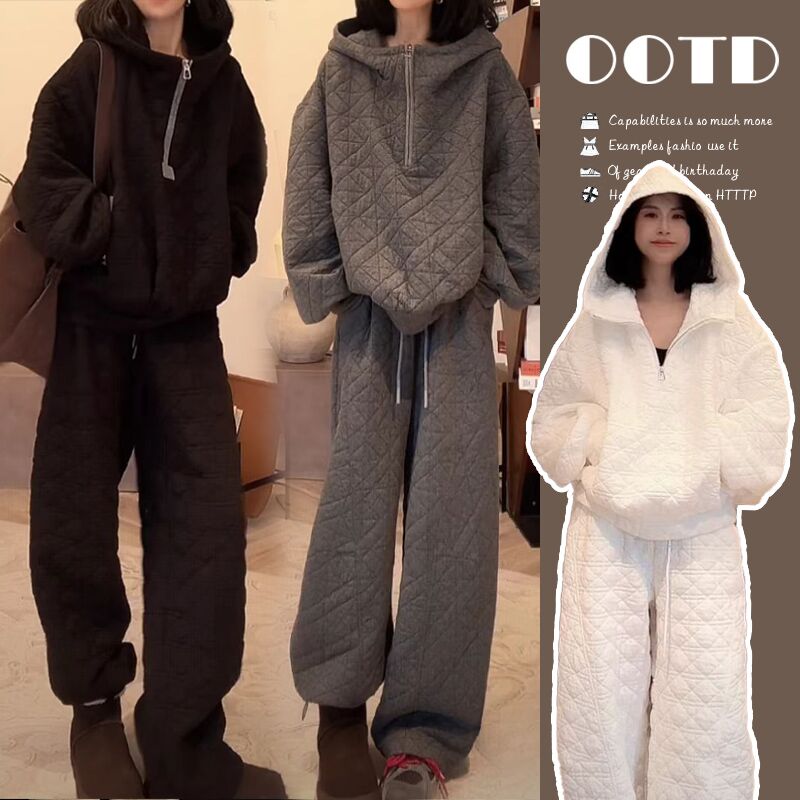 孕妇套装2026菱形格棉衣套新款时尚百搭洋气连帽夹棉外穿孕妇装