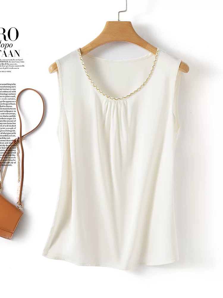 高贵优雅真丝背心女夏季缎面桑蚕丝纯色圆领上衣8588