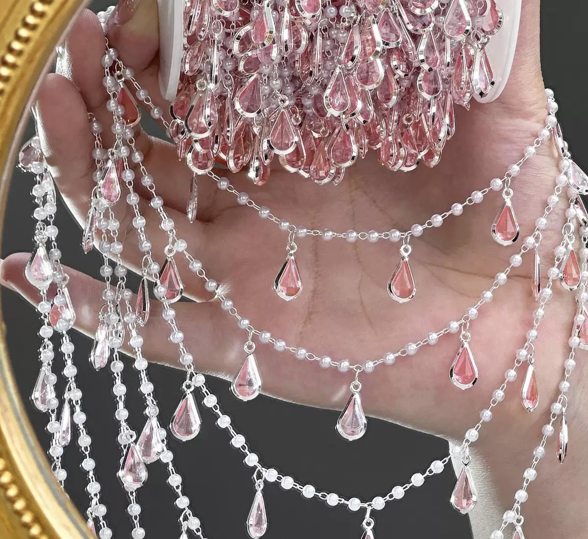 编号501 链条diy链 粉芙蓉 粉色水滴珍珠链条手链项链汉服