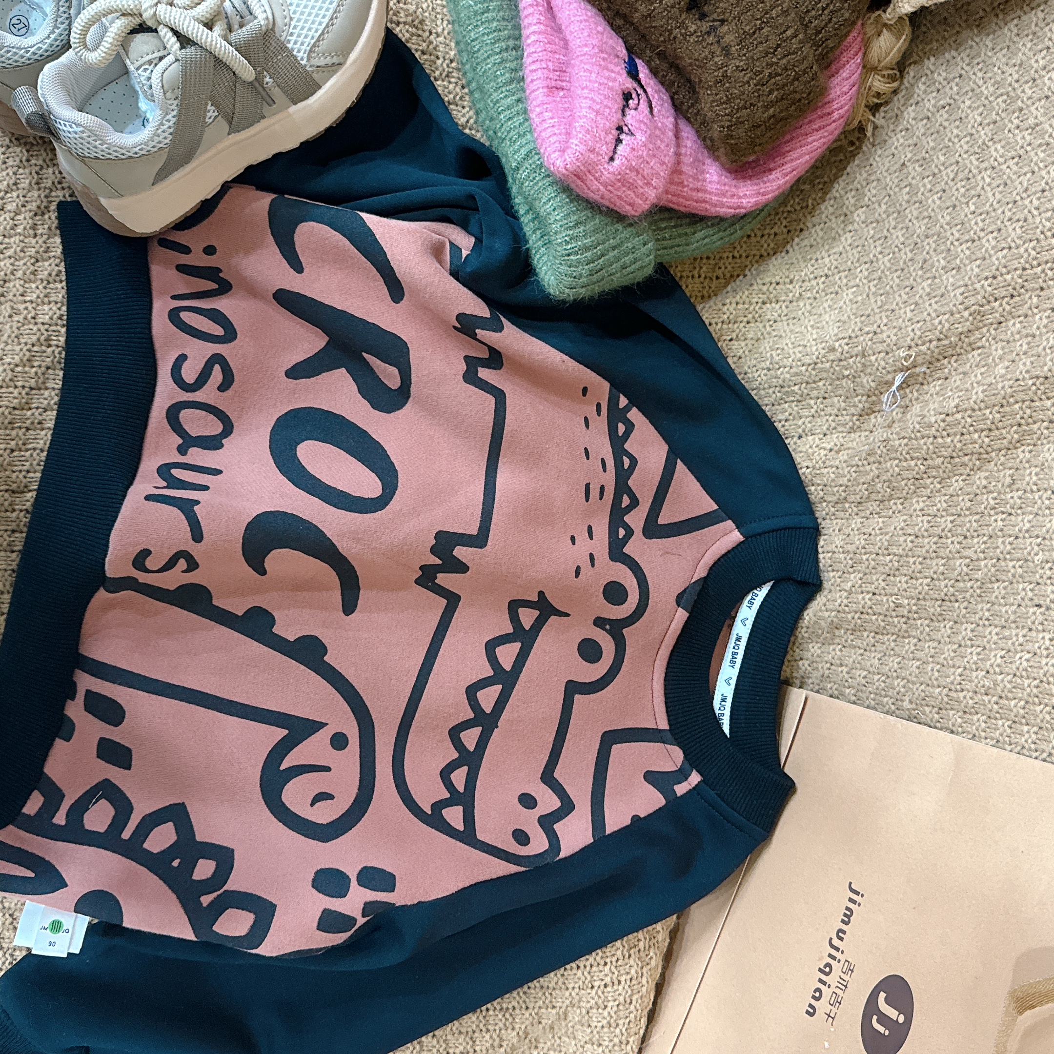 【JMJQ 201317】深秋冬儿童韩版恐龙印花加厚抓绒插肩袖圆领卫衣