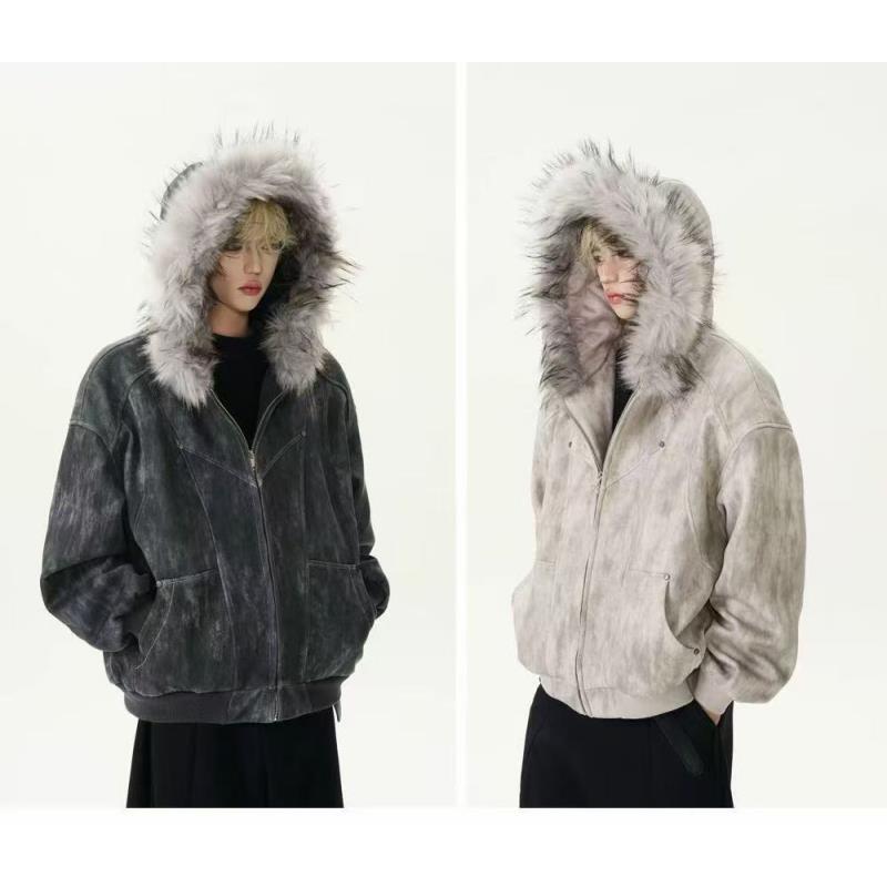 668 雪花霜冻解构拼接座山雕加厚棉服男女连帽冬季保暖毛领外套