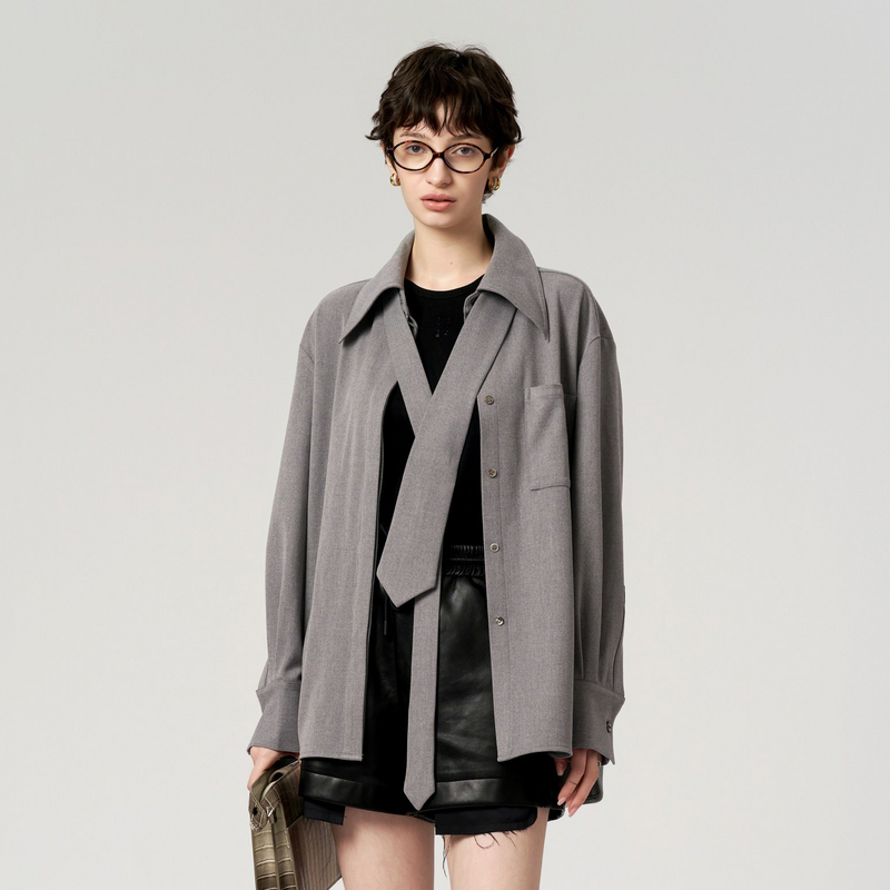 U/TI深灰色磨毛学院风衬衫女百搭配领带休闲上衣