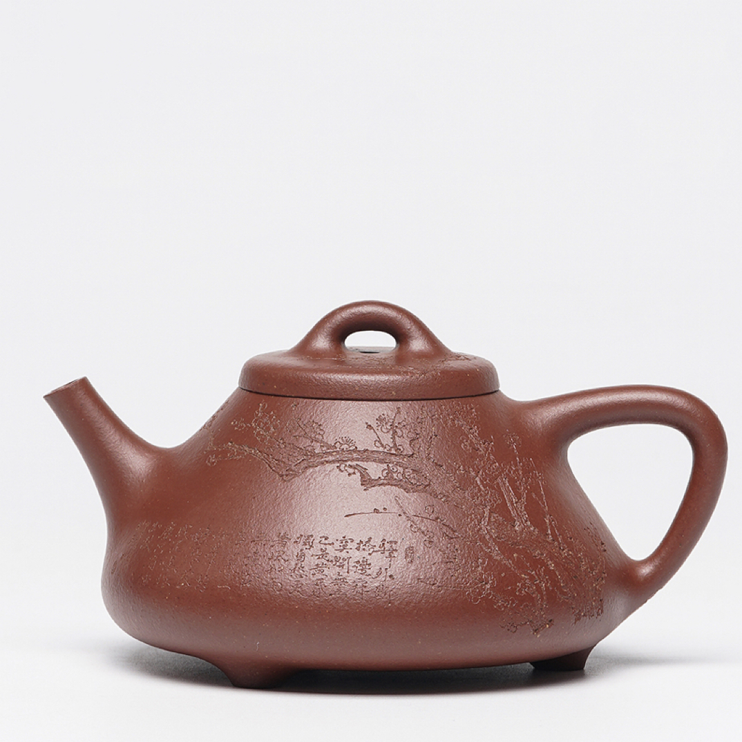 宜兴原矿紫砂，自有矿料紫泥刻绘全手工拍打子冶石瓢