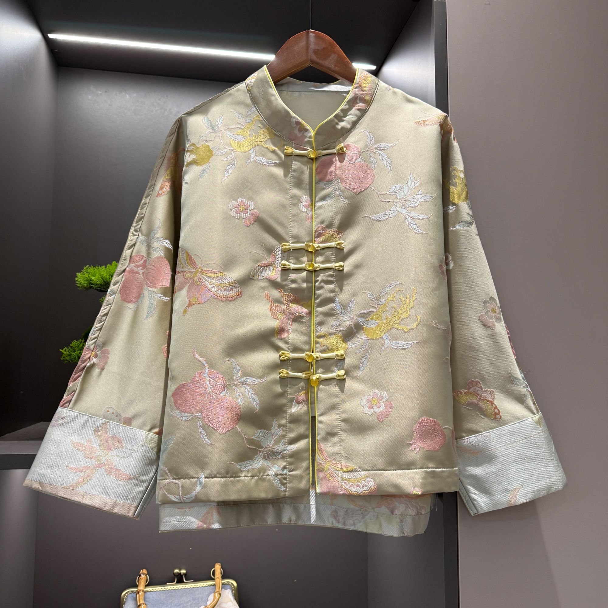 中式开衫复古盘扣传统改良桃子花色春季女装宽松上衣2133