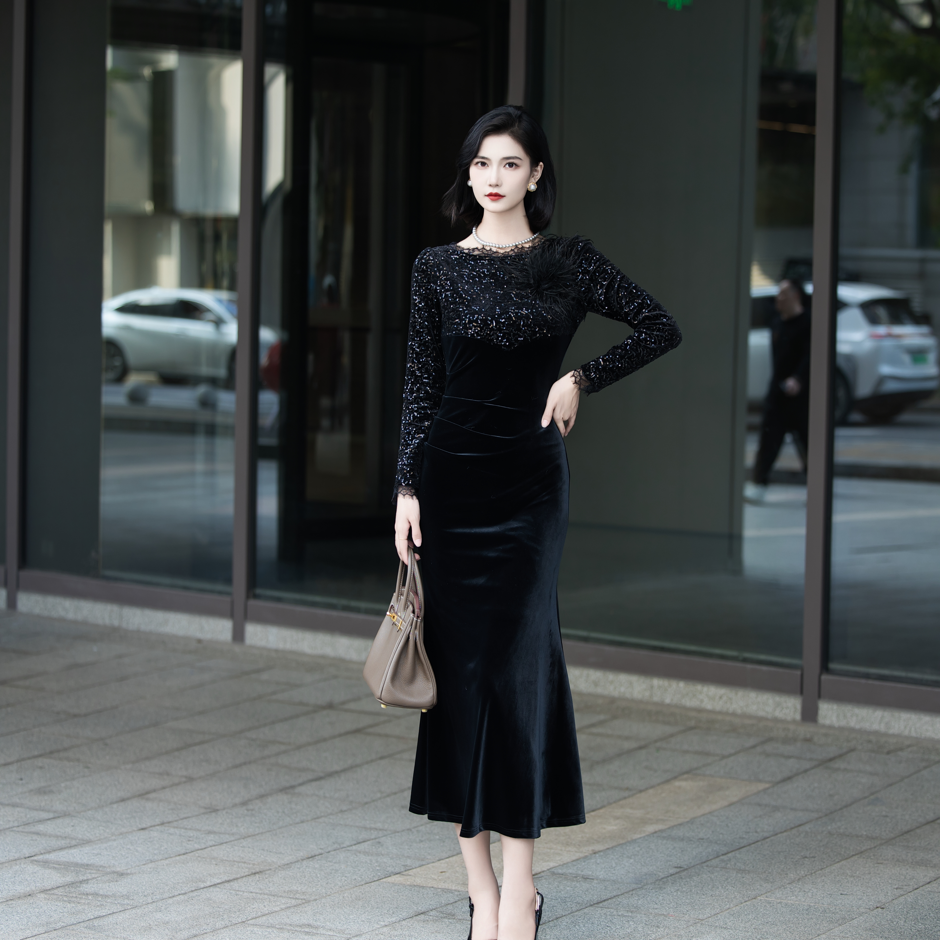 JUU【暗雅】显瘦气质长袖时尚性感黑色修身宴会L-40535