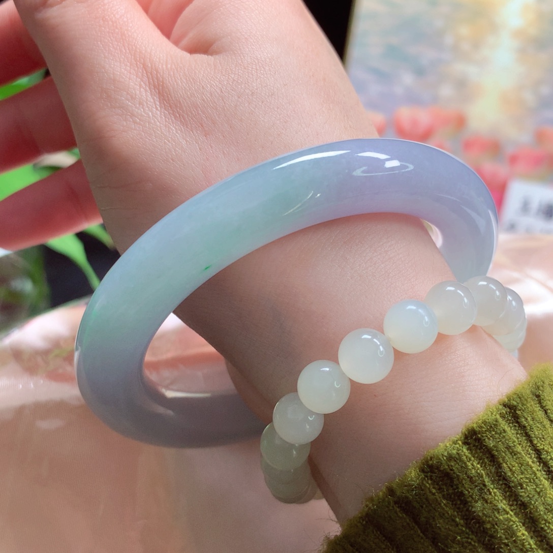 翡翠未镶嵌手镯51胖圆冰胶梦幻春彩