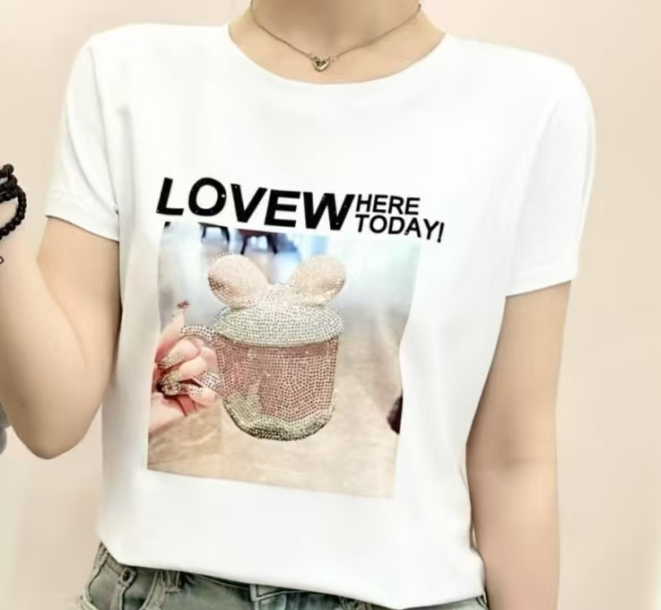 （非图片款）短袖烫钻抗起球醋纤刺绣T恤印花显瘦圆领卡通