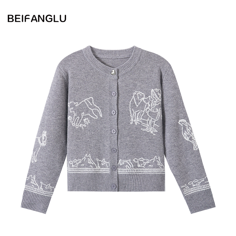 北方鹿【100%绵羊毛】重工刺绣设计感圆领针织开衫上衣女士251566