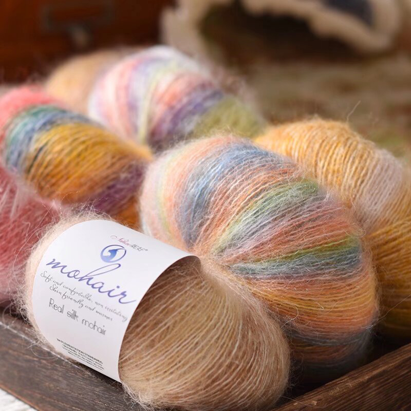 渐变真丝段染马海毛毛线手工编织毛衣宝宝围巾帽子diy披肩羊毛