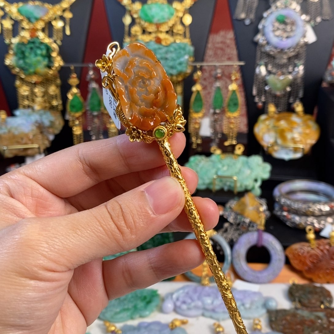 翡翠颈饰银S925镀金镶嵌牡丹花发簪 福利
