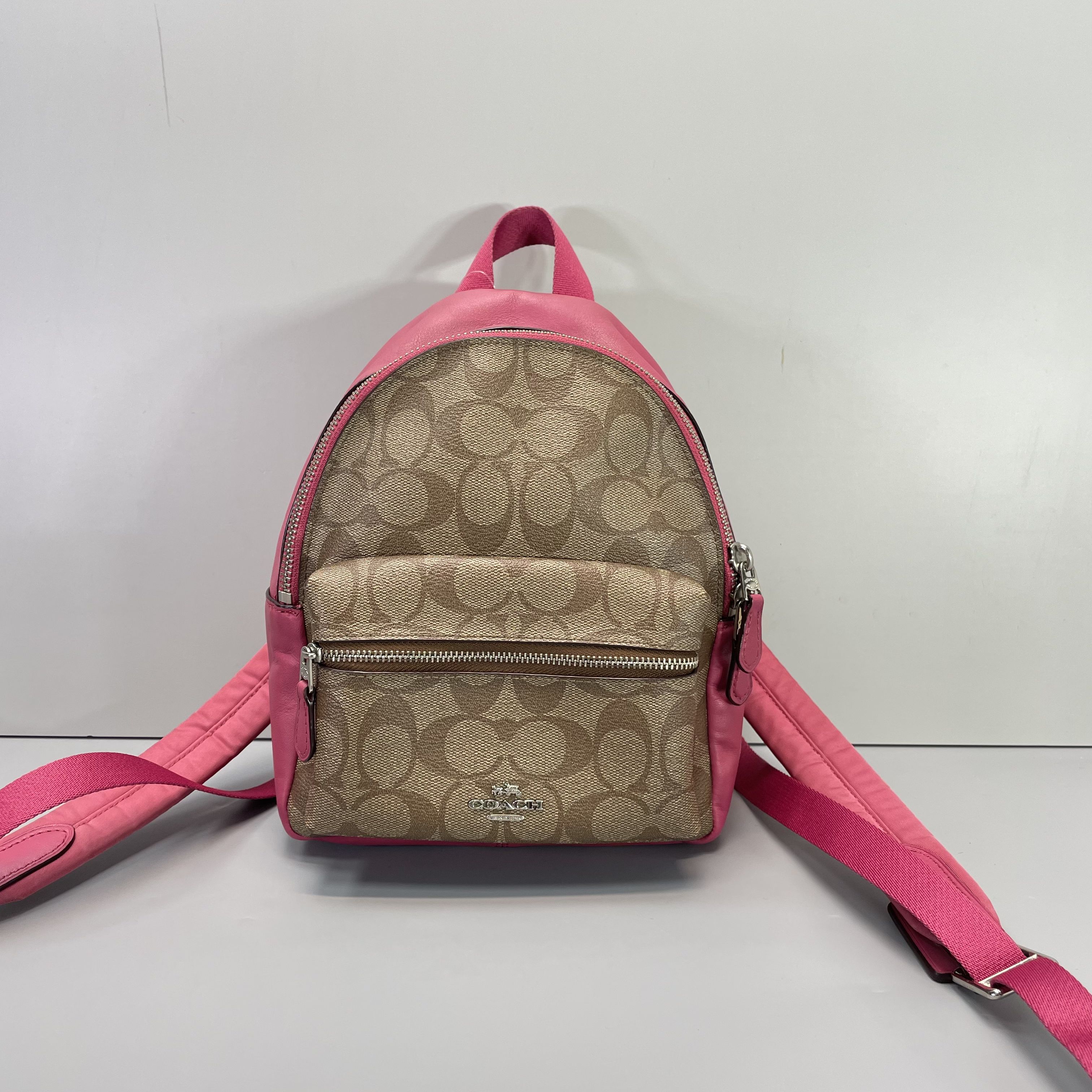 90新 COACH/蔻驰 小林/玫红拼老花迷你双肩包19*22*8cmB030916