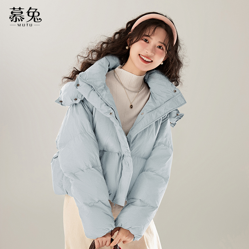小个子甜美粉色连帽羽绒服女2024冬季新款加厚宽松面包服外套