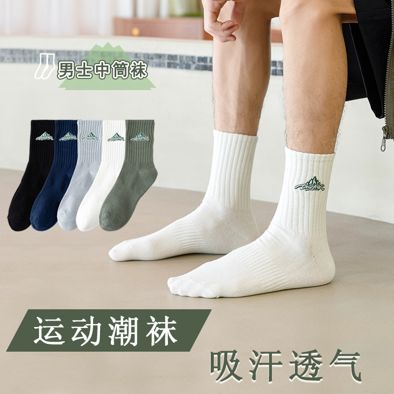 【一枚蟹】男士新款纯色棉质刺绣中筒袜春秋季运动长筒袜袜子