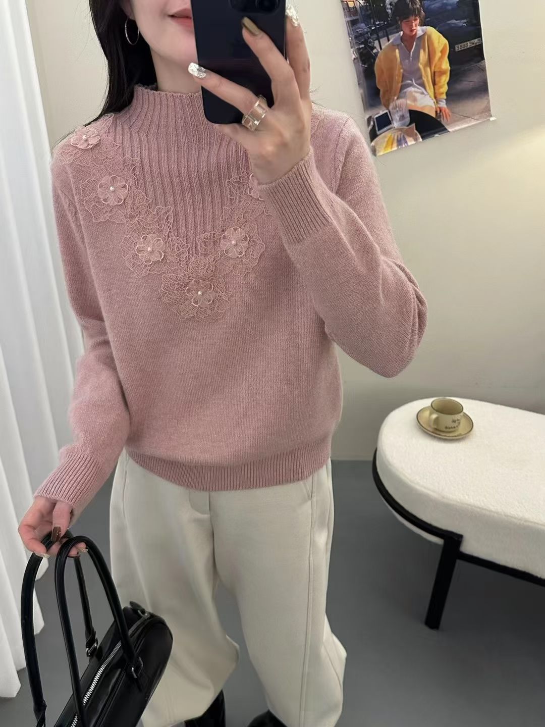 秋冬女士新款半高领厚款圆领法式时尚百搭长袖蕾丝针织衫打底衫