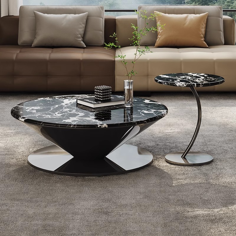 进口天然奢石茶几意式轻奢圆形客厅创意飞碟不锈钢高级感2025新款