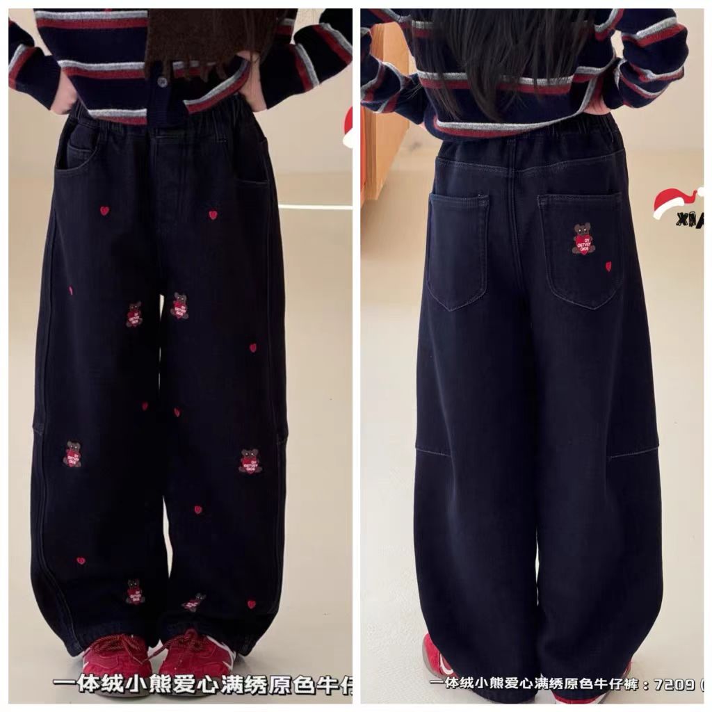 冬季新款女童一体绒刺绣小熊牛仔裤加绒中大童休闲阔腿裤7209