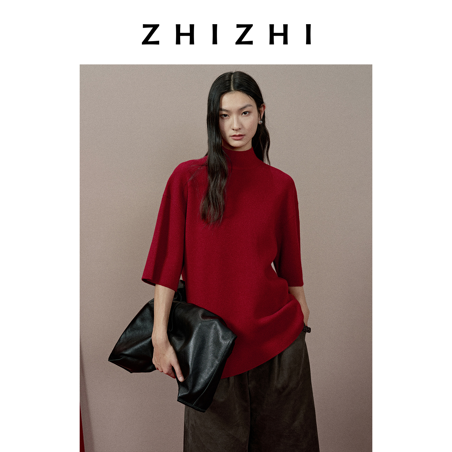 致知 且陶陶 飘带中袖毛衫五分袖半高领针织纯色宽松ZZ2EWKZN148