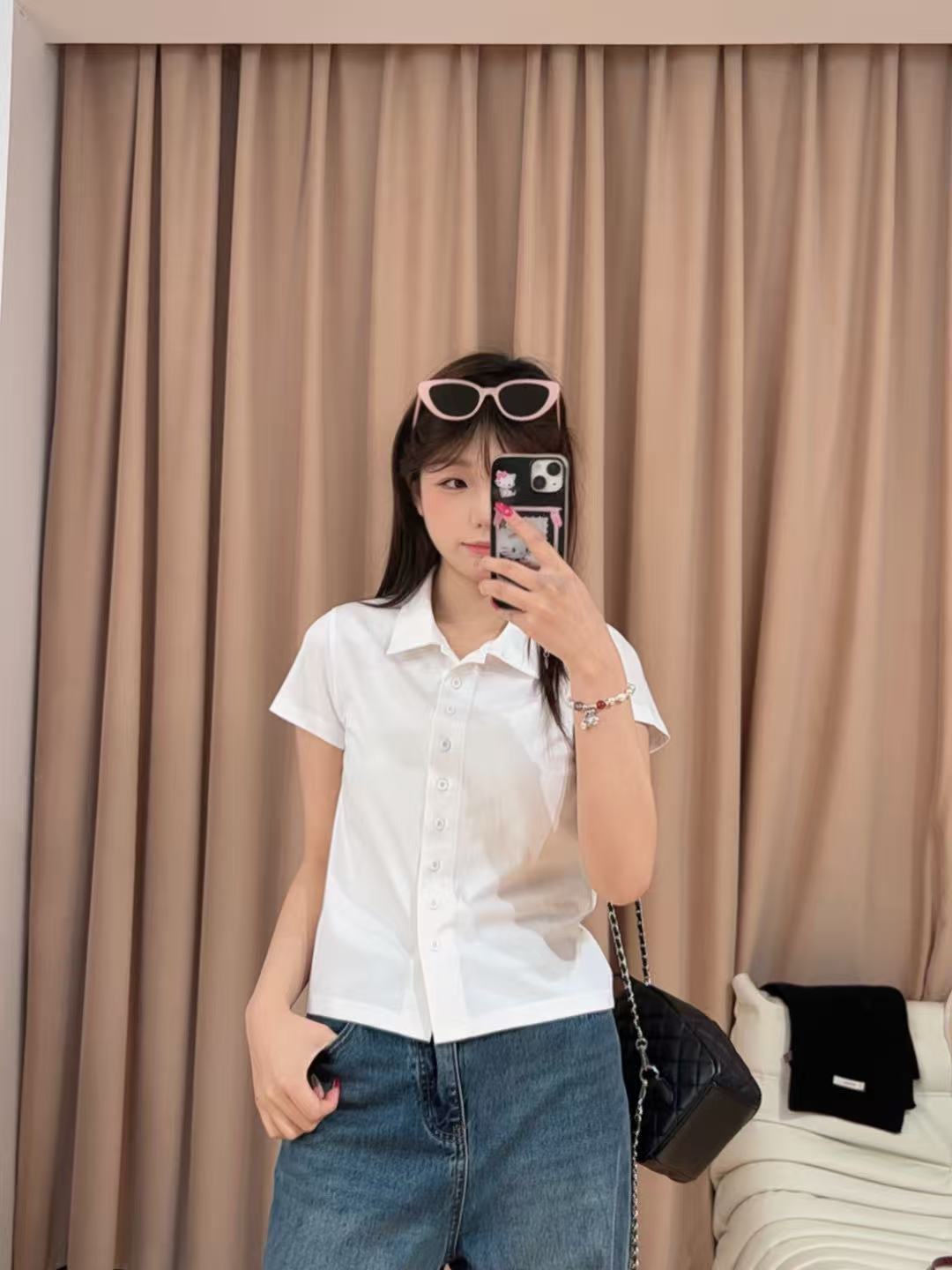 85002余小鱼 【纯元素】两色POLO领单排扣夏季休闲短袖百搭T恤女装