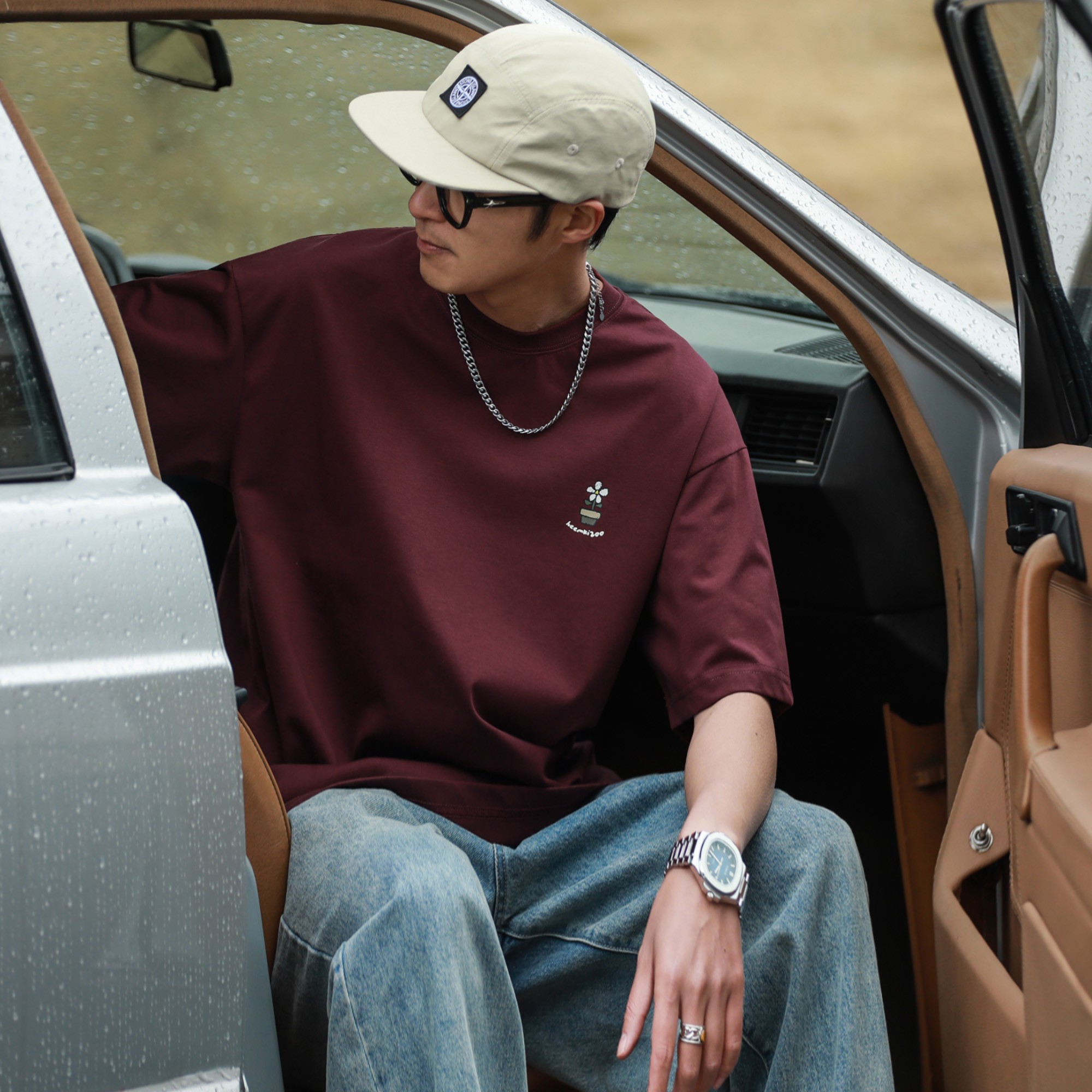 250g美式复古夏款男女索罗娜植物印花短袖t恤圆领上衣宽松情侣潮