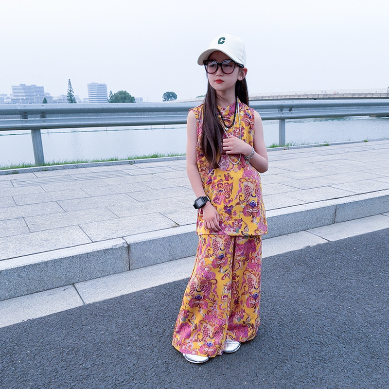 女童夏季新中式套装2025新款中大童无袖上衣宽松阔腿裤国风两件套