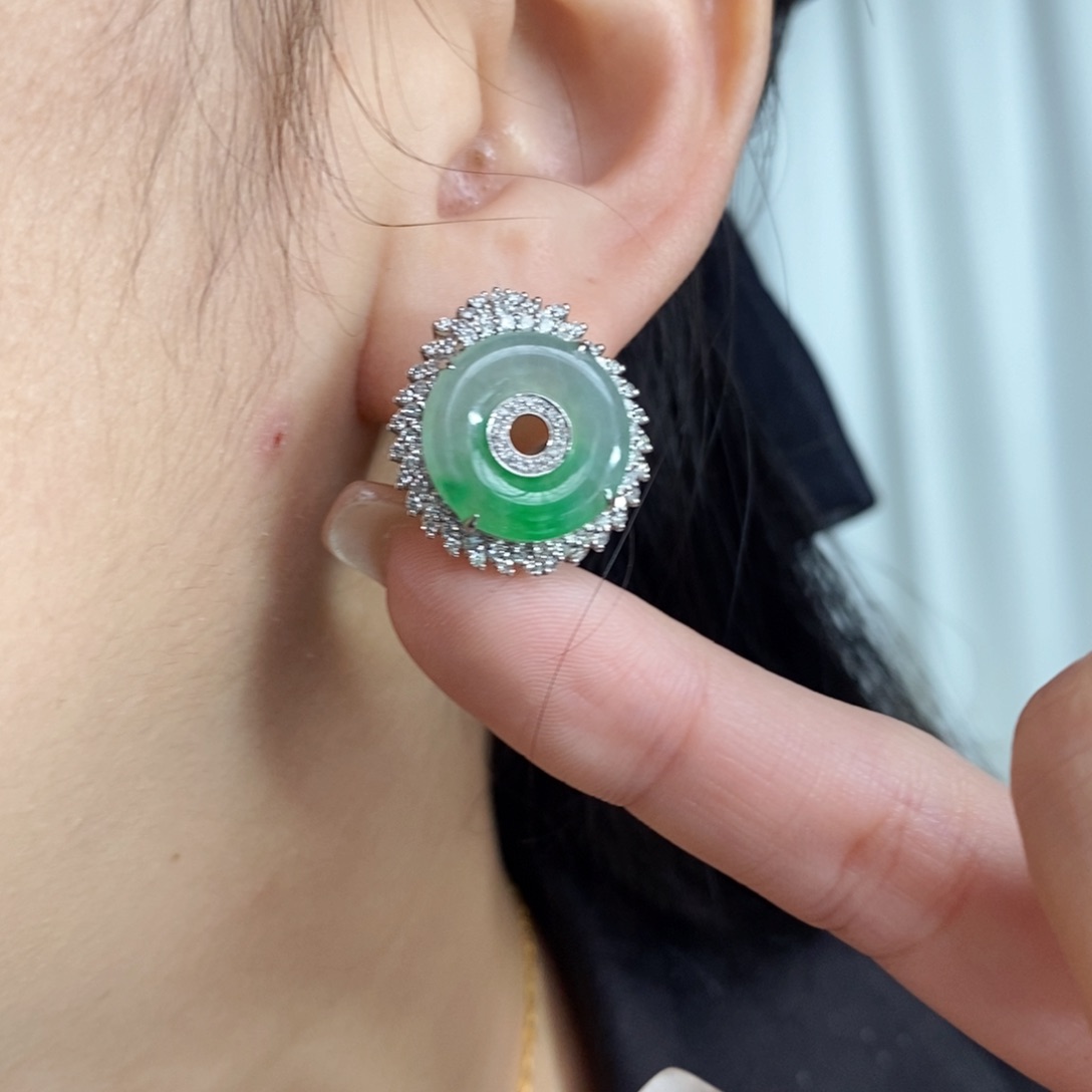 翡翠耳饰18K金镶嵌甜甜圈耳扣 一对发货