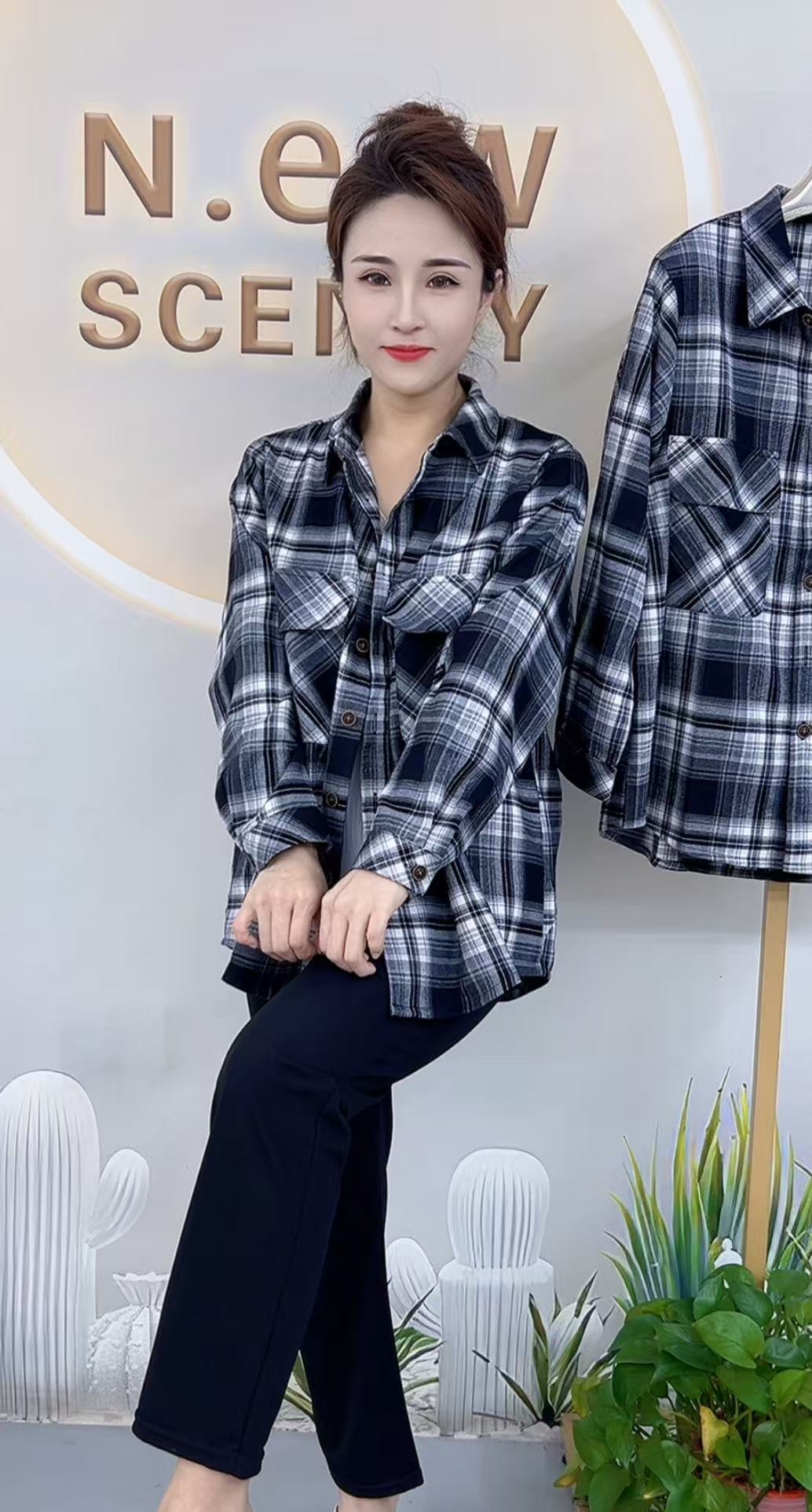 秋季翻领格子多扣开衫女装短款流浪丹宁风时尚韩版百搭