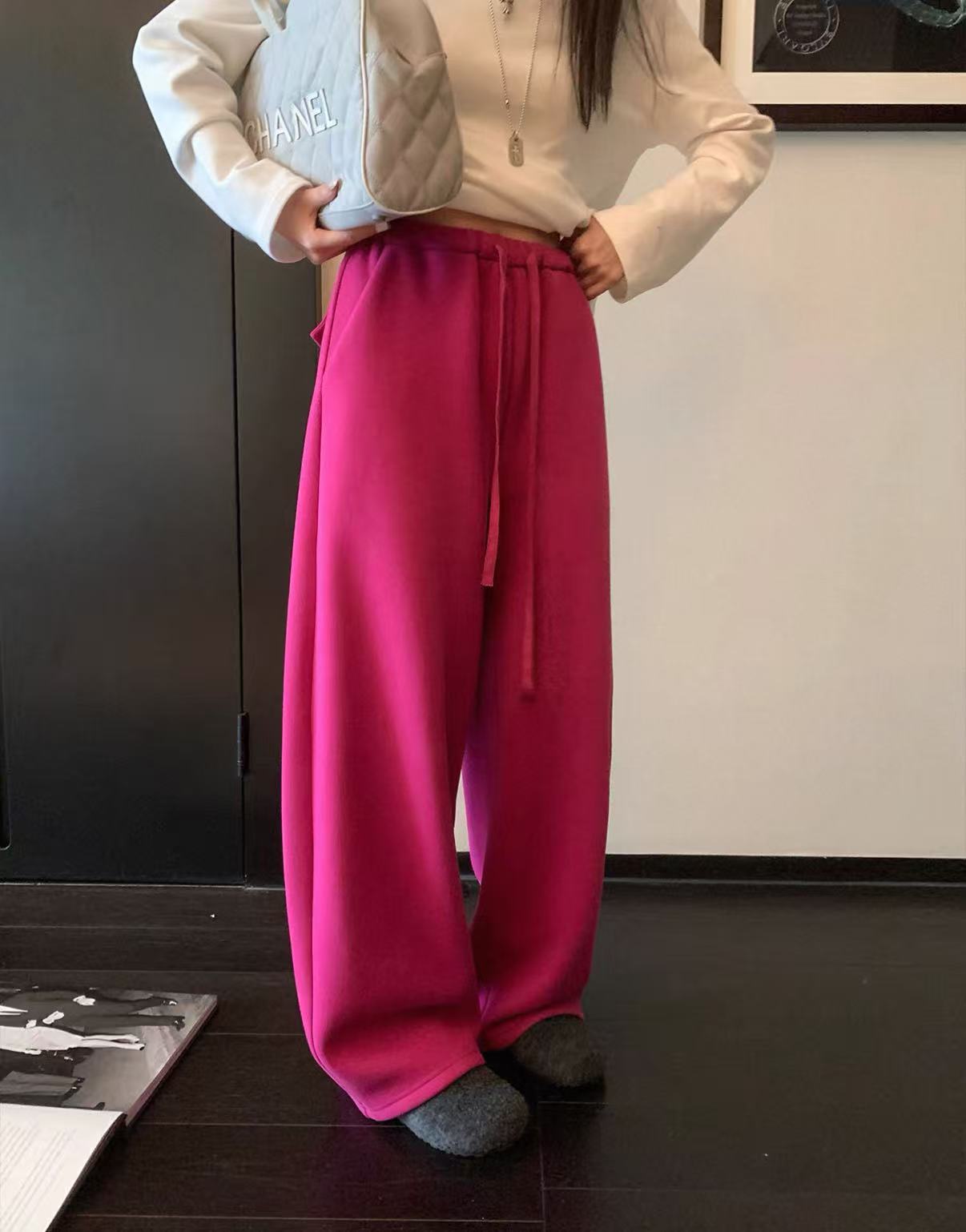 TANGYUAN 火龙果色系秋冬款加厚加绒休闲百搭阔腿弯刀裤