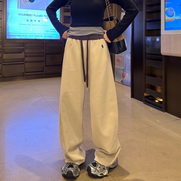 (加长版)刺绣拼色高腰束脚两穿阔腿卫裤女一裤两船拖地裤