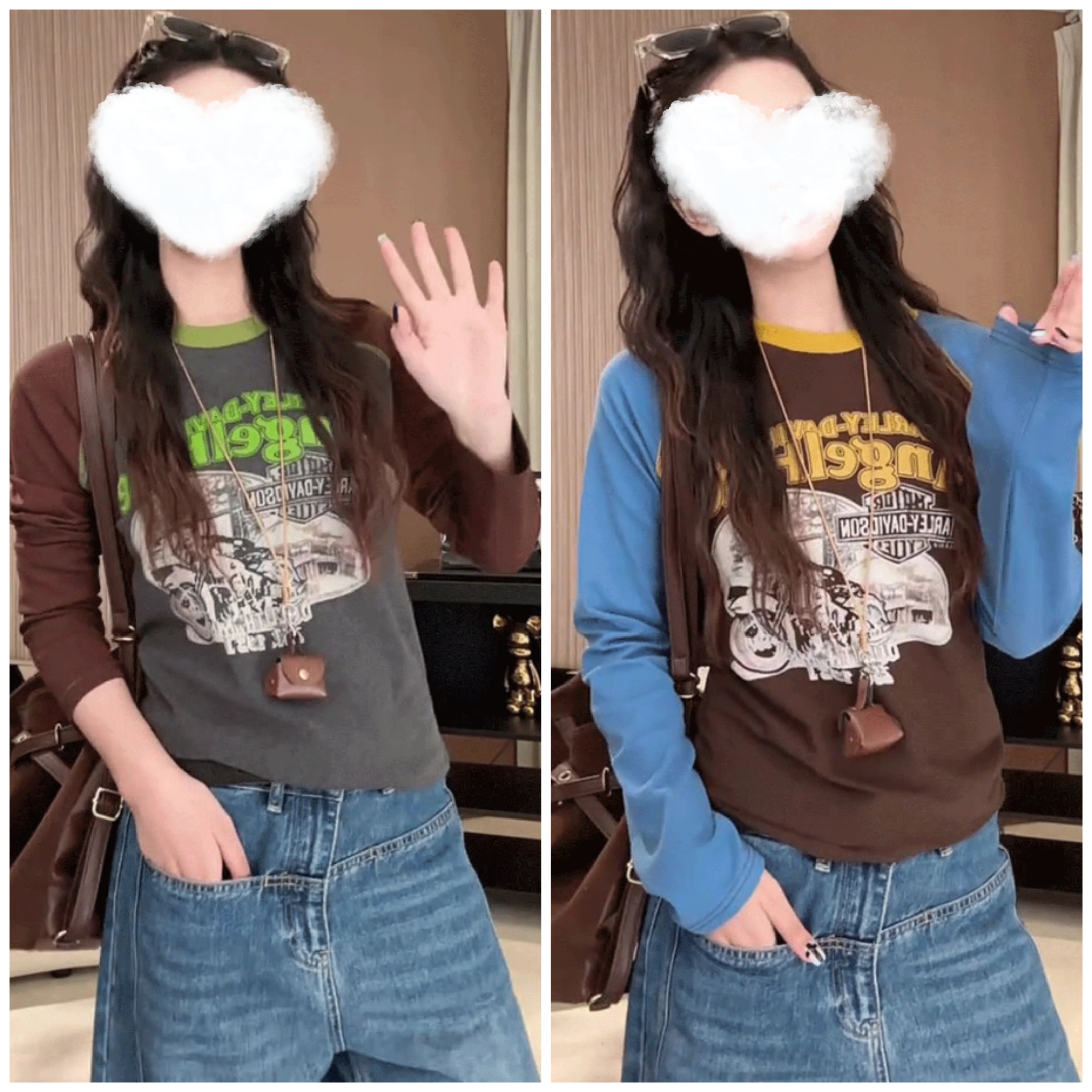 冬季云朵绒拼色插肩袖长袖T恤洋气打底衫显瘦慵懒风女装潮牌9055