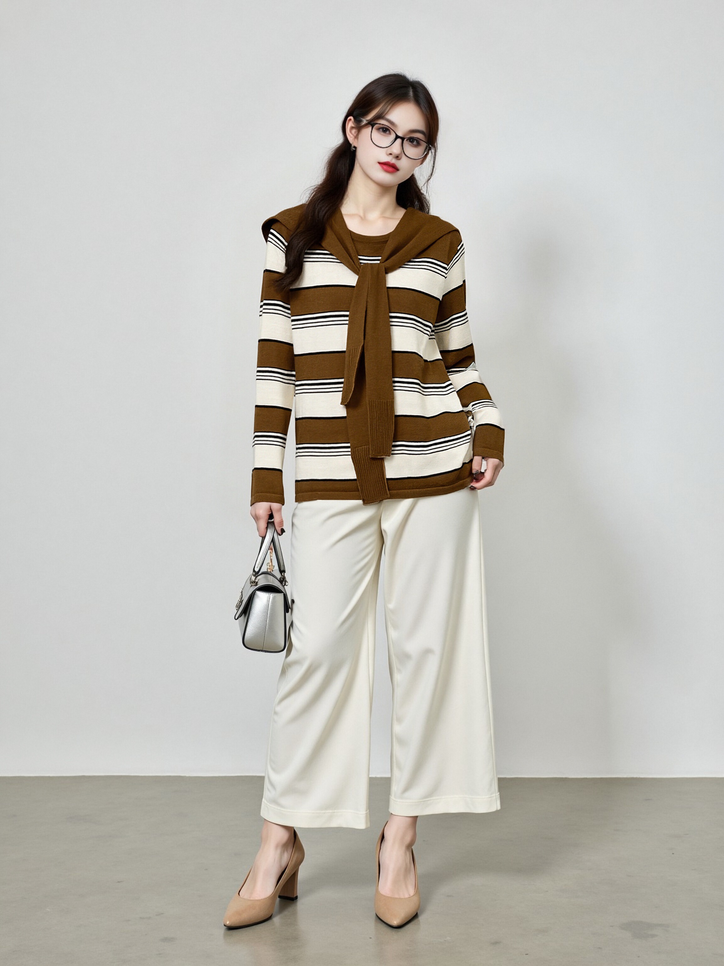 大码女装撞色条纹衫女披肩上衣2025冬款胖mm宽松休闲针织衫