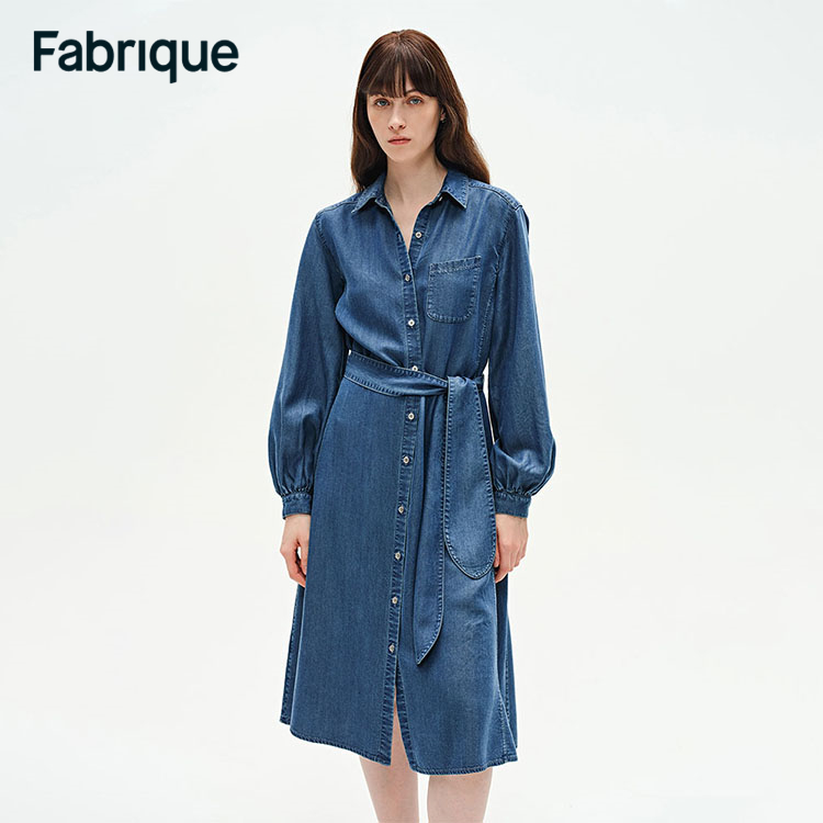 【Fabrique】 Lia 新款复古牛仔深蓝莱赛尔灯笼袖衬衫休闲连衣裙