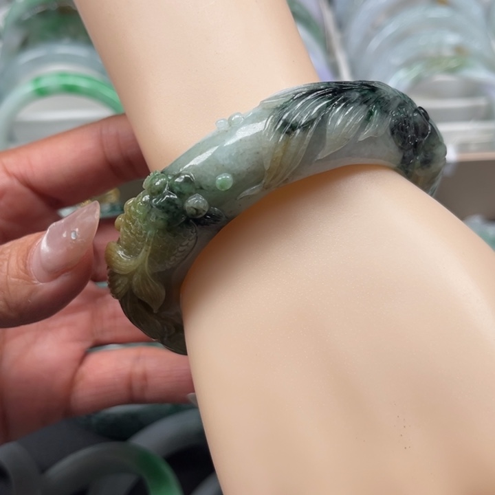 福***u翡翠未镶嵌手镯三彩荷花鱼58