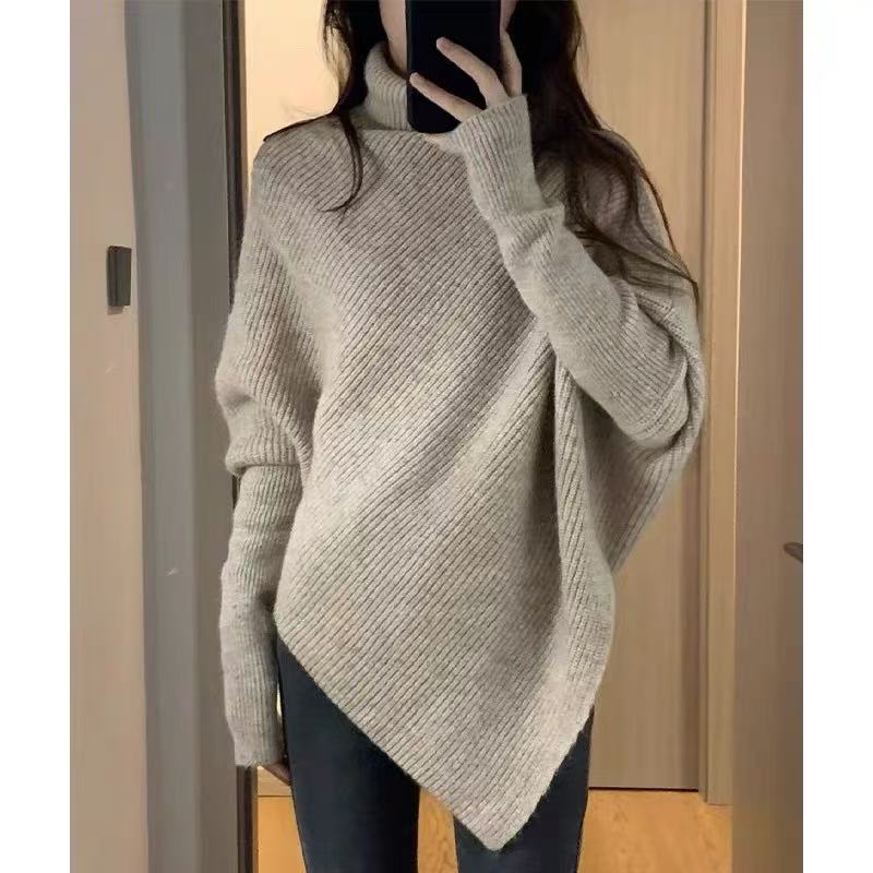 秋季女加厚宽松毛针织衫长袖纯色网红翻领针织毛衣