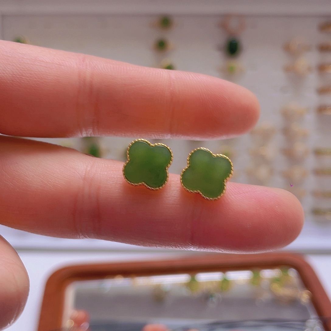 和田玉耳饰银S925镀金镶嵌