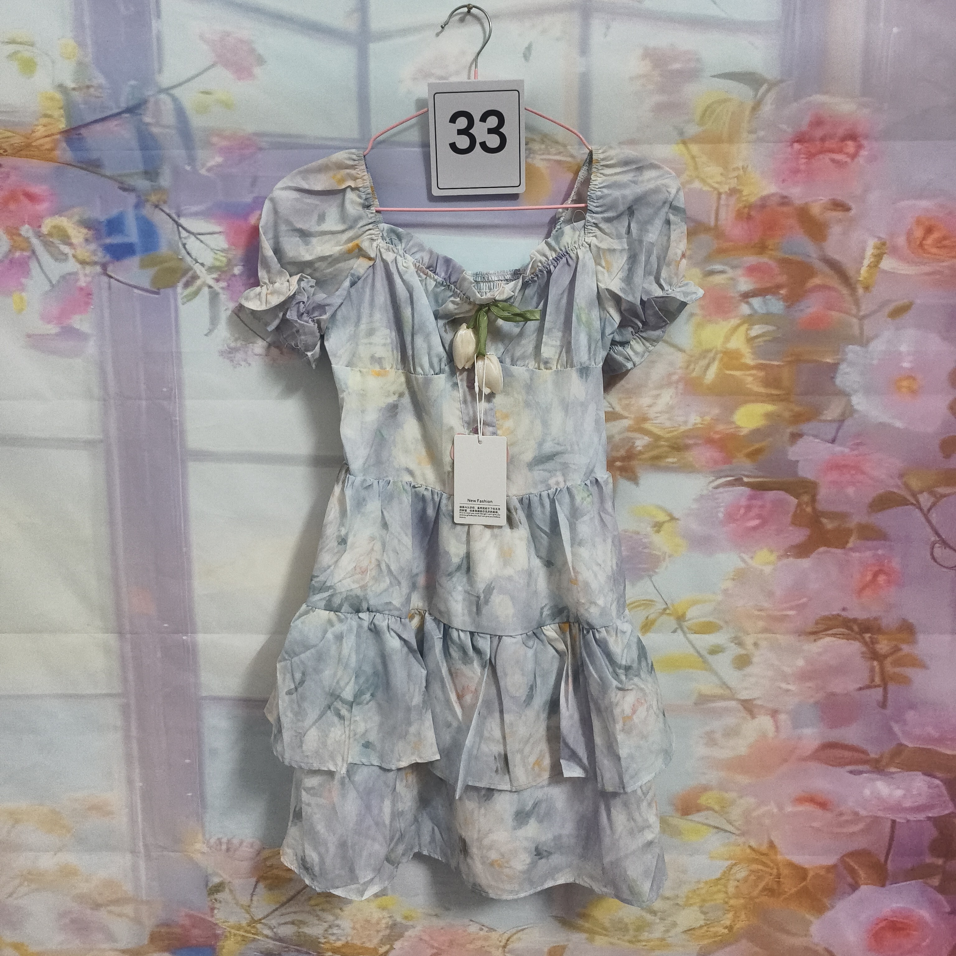 法式甜美方领泡泡袖碎花高腰褶皱层层蛋糕裙女夏季新款
