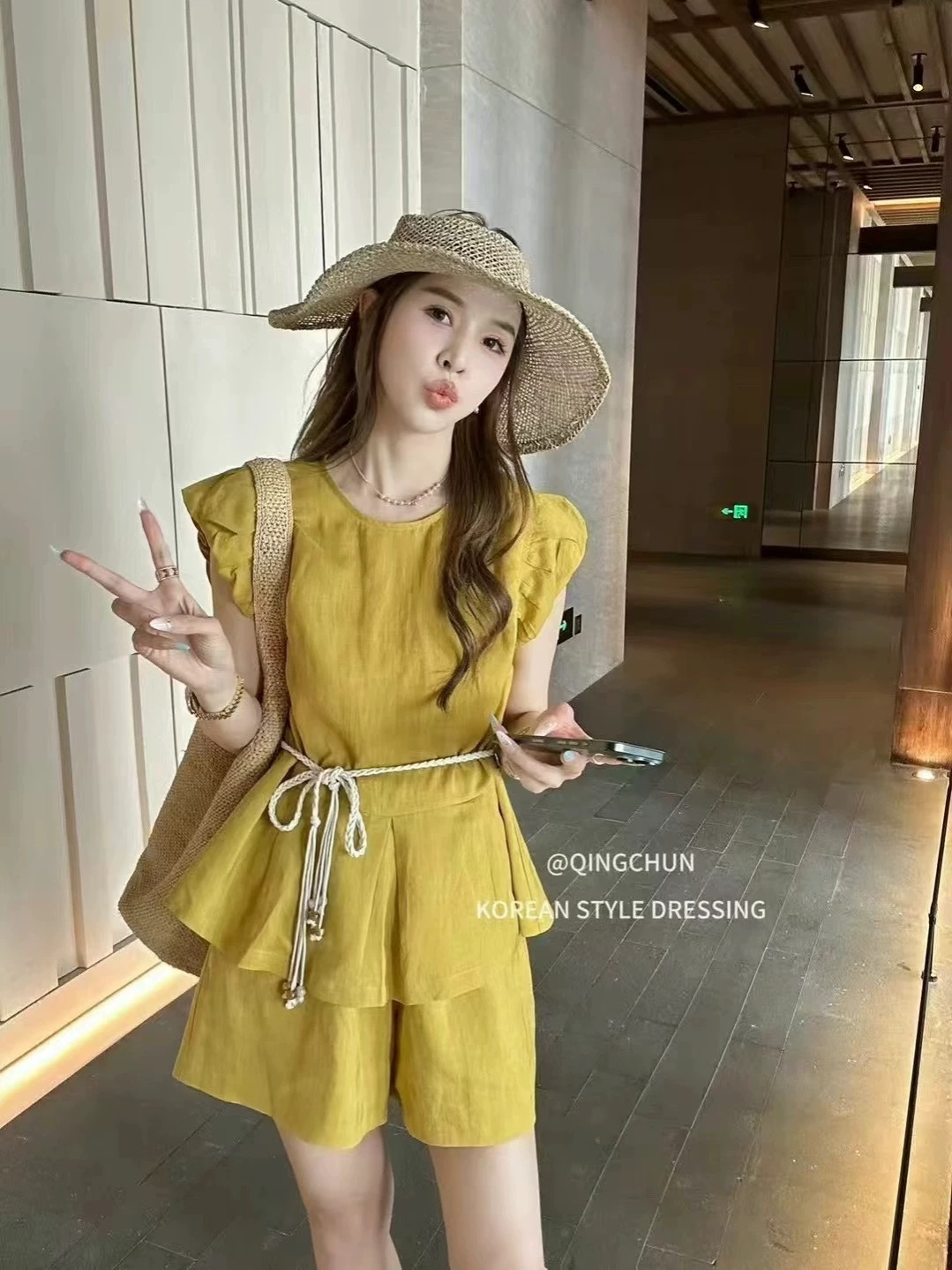 夏季韩版简约风气质百搭洋气背心上衣显瘦高腰休闲短裤套装配腰带