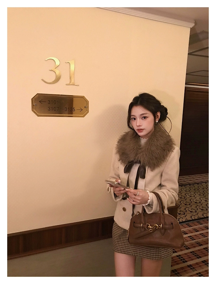 昭和千穗 日系古早感收腰双排扣单面呢外套秋冬+栗棕格修身半身裙