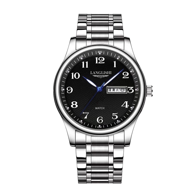 【云仓直发】男士经典黑盘数字钢带双日历夜光手表潮商务腕表LS023
