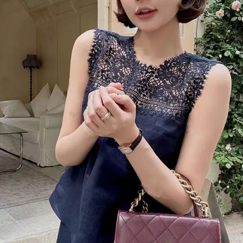 【法式温柔风蕾丝套装】100亚麻气质无袖上衣套装半身裙子